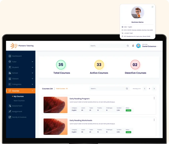 Pioneers Learning Hub LMS with scheduling, billing, and role-based access