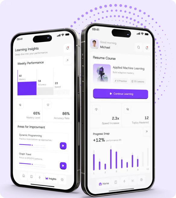Education app learner screens with course progress dashboard and quiz tracker