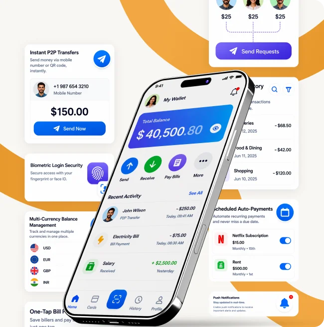 eWallet app customer panel with P2P transfers, bill payments, and transaction history