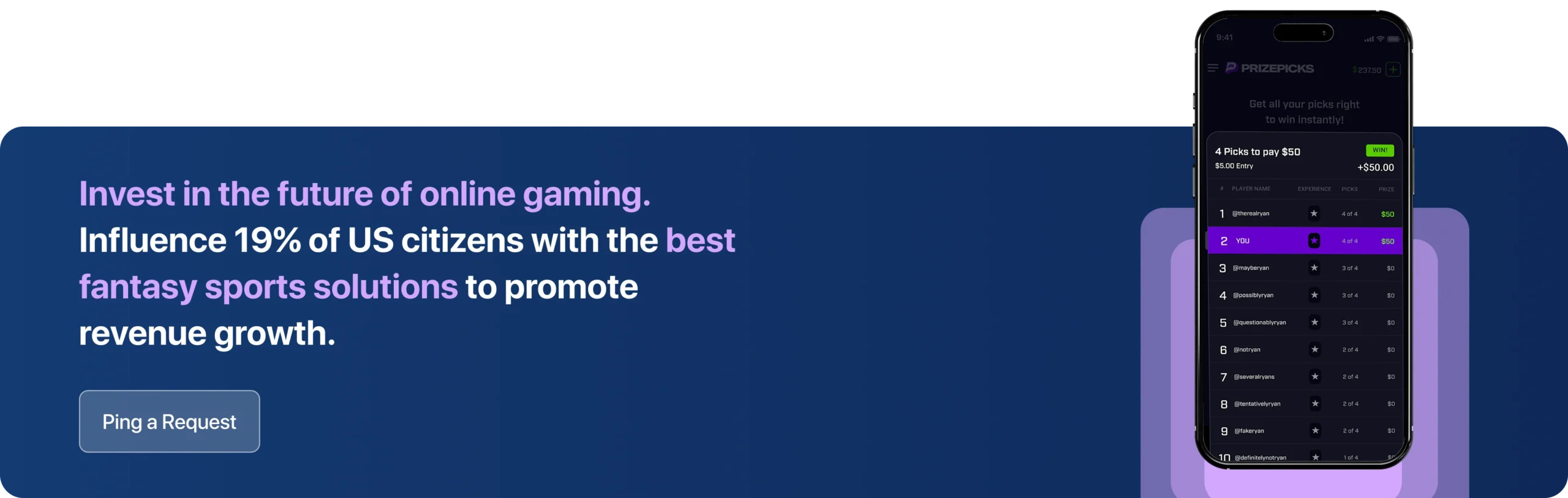 Invest in the future of online gaming. Influence 19% of US citizens with the best fantasy sports solutions to promote revenue growth