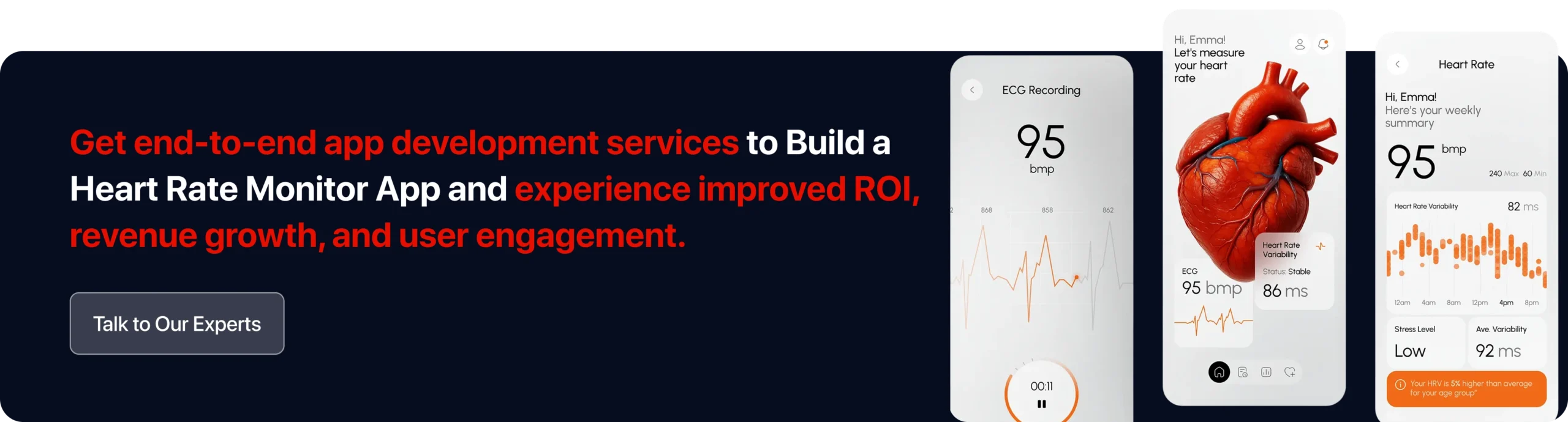 Get end-to-end app development services to Build a Heart Rate Monitor App and experience improved ROI, revenue growth, and user engagement