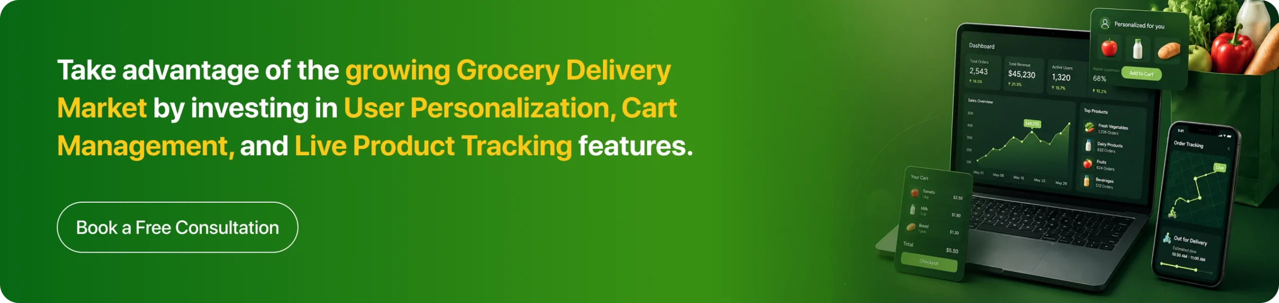 Take advantage of the growing Grocery Delivery Market by investing in User Personalization, Cart Management, and Live Product Tracking features. 