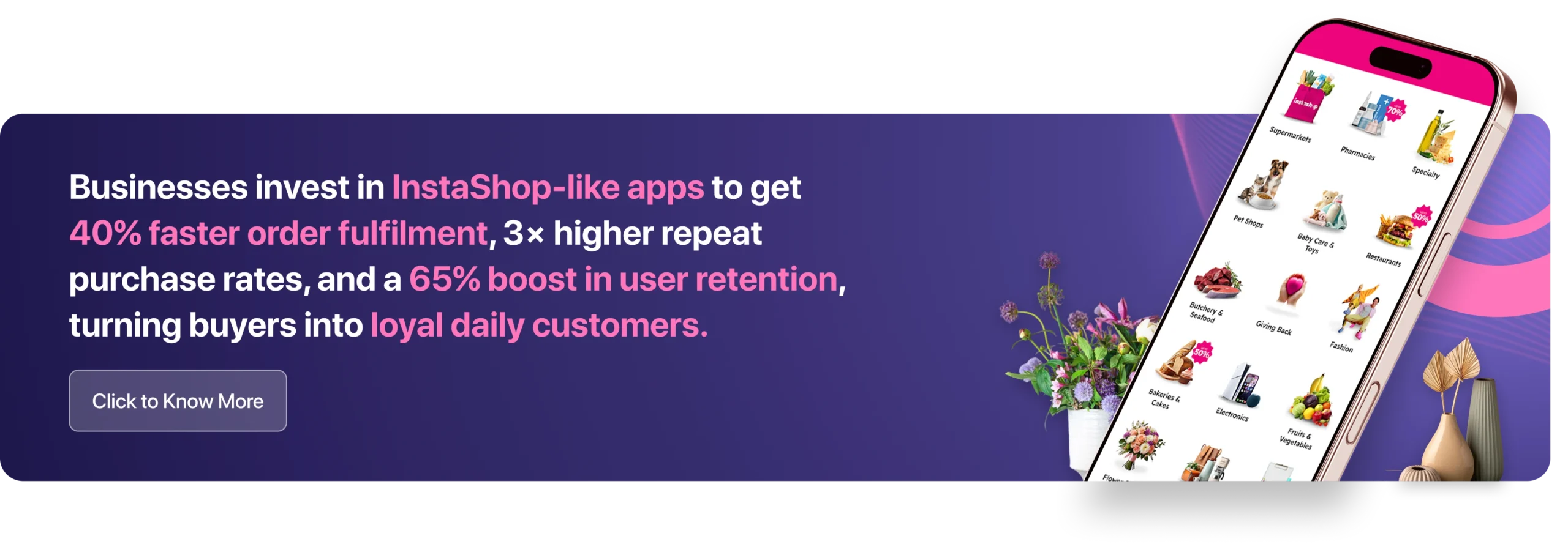 Businesses invest in InstaShop-like apps to get 40% faster order fulfilment, 3× higher repeat purchase rates, and a 65% boost in user retention, turning buyers into loyal daily customers.